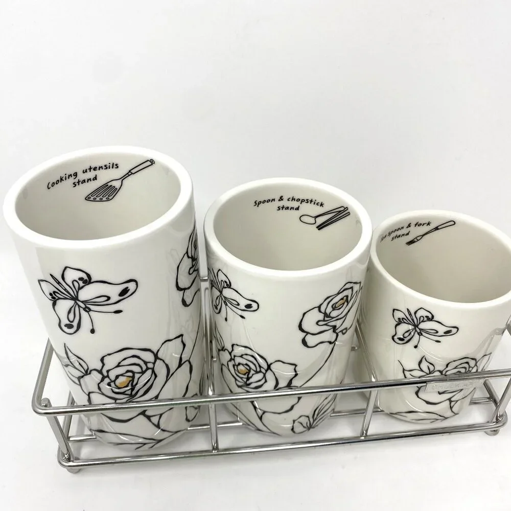Chulkart Minceramics Korean Made Set of 3 Utensil Holders Silver Carryall NWT